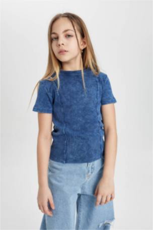 Kız Çocuk Slim Fit Fitilli Kaşkorse Kısa Kollu Tişört