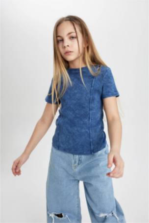 Kız Çocuk Slim Fit Fitilli Kaşkorse Kısa Kollu Tişört