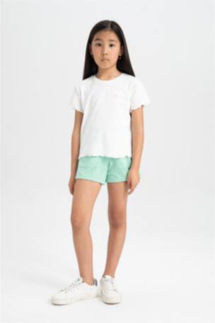 Kız Çocuk Slim Fit Fitilli Kaşkorse Kısa Kollu Tişört