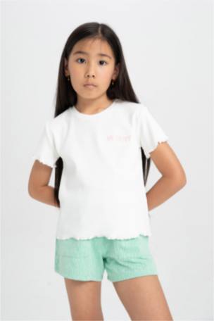 Kız Çocuk Slim Fit Fitilli Kaşkorse Kısa Kollu Tişört