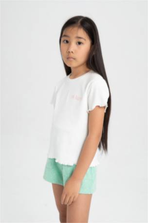 Kız Çocuk Slim Fit Fitilli Kaşkorse Kısa Kollu Tişört
