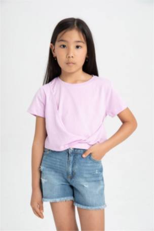 Kız Çocuk Relax Fit Bisiklet Yaka Kısa Kollu Tişört