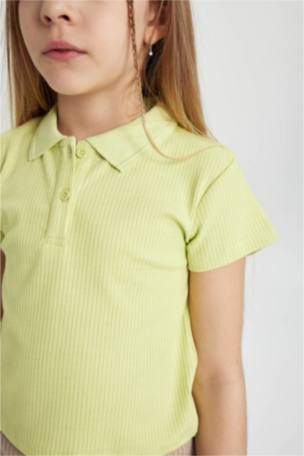 Kız Çocuk Slim Fit Polo Yaka Basic Fitilli Kaşkorse Kısa Kollu Polo Tişört