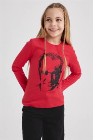 Kız Çocuk Atatürk Baskılı Uzun Kollu Kırmızı Tişört