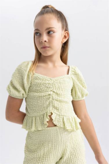 Kız Çocuk Crop Top Bürümcük Kısa Kollu Tişört