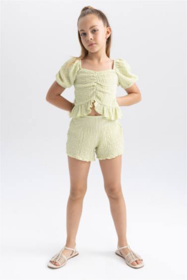 Kız Çocuk Crop Top Bürümcük Kısa Kollu Tişört