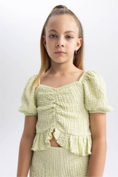 Kız Çocuk Crop Top Bürümcük Kısa Kollu Tişört