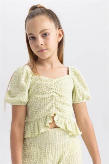 Kız Çocuk Crop Top Bürümcük Kısa Kollu Tişört