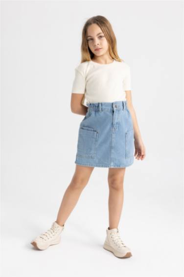 Kız Çocuk Slim Fit Ribana Kısa Kollu Tişört