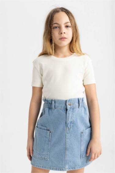 Kız Çocuk Slim Fit Ribana Kısa Kollu Tişört