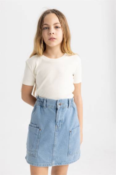 Kız Çocuk Slim Fit Ribana Kısa Kollu Tişört
