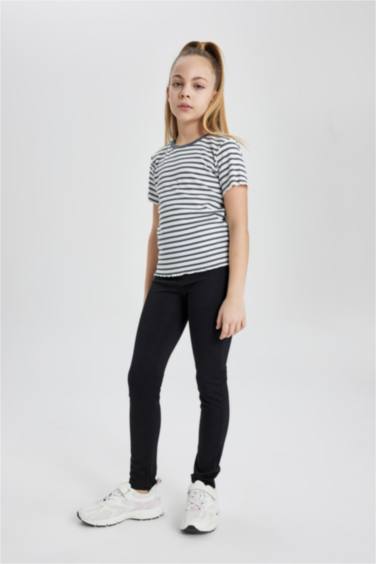 Kız Çocuk Slim Fit Çizgili Fitilli Kaşkorse Kısa Kollu Tişört