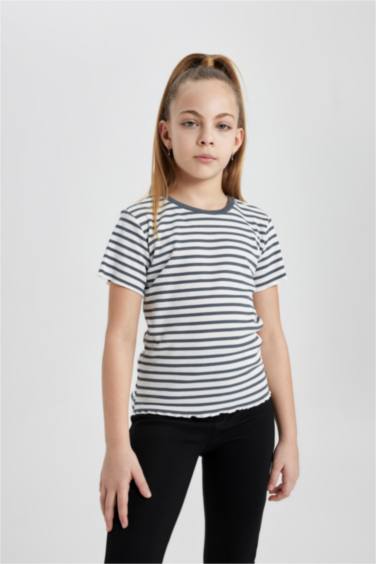 Kız Çocuk Slim Fit Çizgili Fitilli Kaşkorse Kısa Kollu Tişört