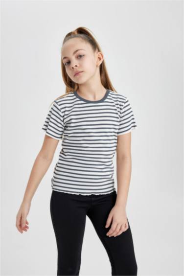 Kız Çocuk Slim Fit Çizgili Fitilli Kaşkorse Kısa Kollu Tişört