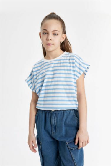 Kız Çocuk Oversize Fit Çizgili Kısa Kollu Tişört