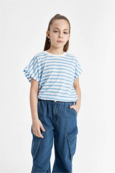 Kız Çocuk Oversize Fit Çizgili Kısa Kollu Tişört