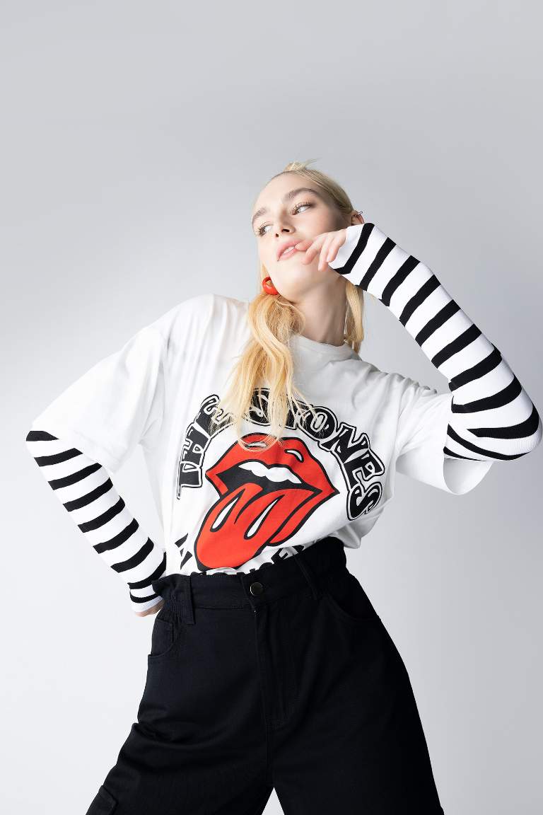 Rolling Stones Sırt Baskılı Oversize Fit Bisiklet Yaka Kısa Kollu %100 Pamuk Tişört