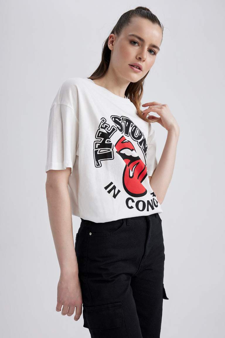 Rolling Stones Sırt Baskılı Oversize Fit Bisiklet Yaka Kısa Kollu %100 Pamuk Tişört