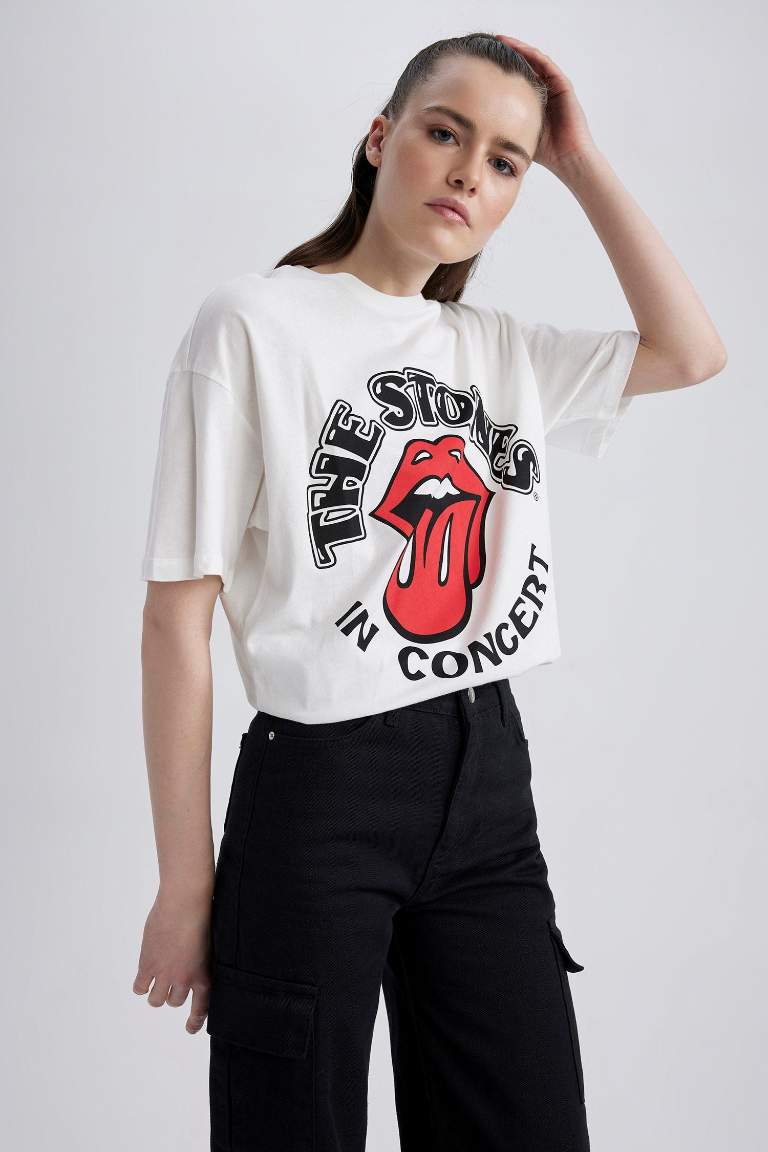 Rolling Stones Sırt Baskılı Oversize Fit Bisiklet Yaka Kısa Kollu %100 Pamuk Tişört