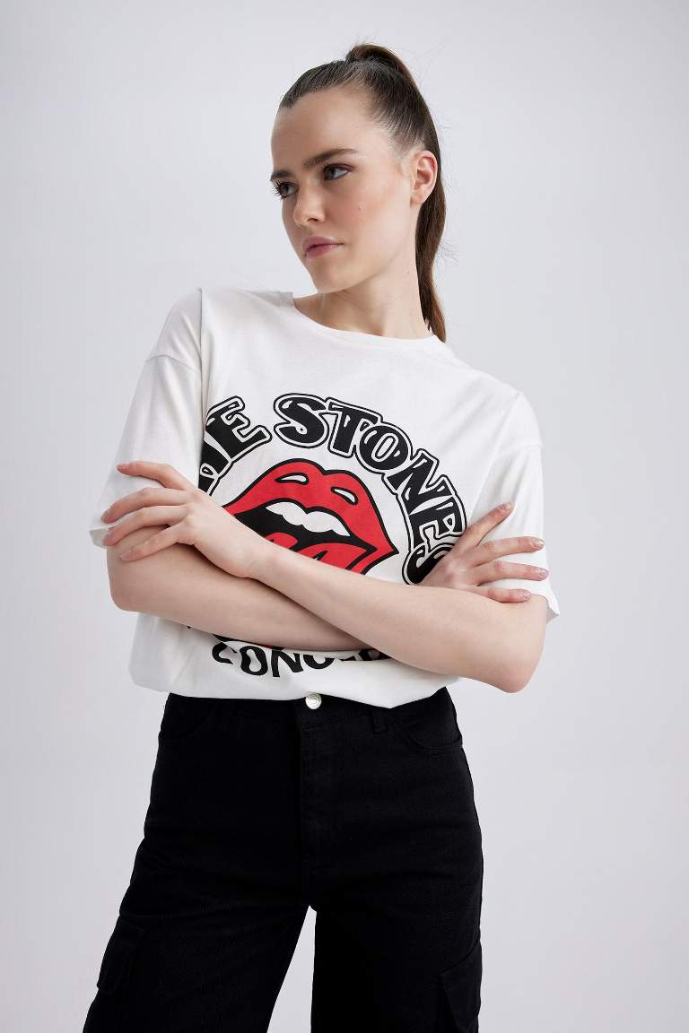 Rolling Stones Sırt Baskılı Oversize Fit Bisiklet Yaka Kısa Kollu %100 Pamuk Tişört