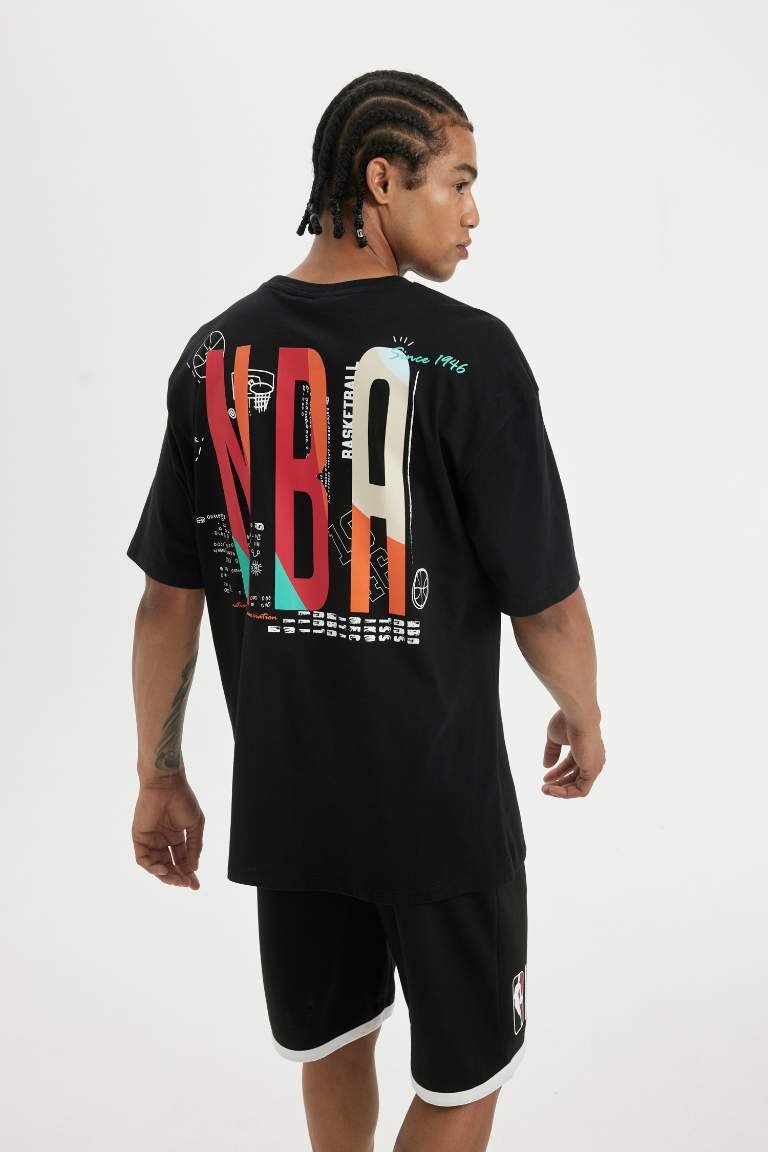 Siyah Erkek Defactofit Nba Wordmark Oversize Fit Bisiklet Yaka K Sa