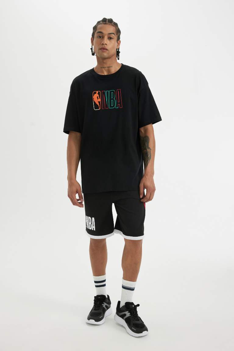 Siyah Erkek Defactofit Nba Wordmark Oversize Fit Bisiklet Yaka K Sa