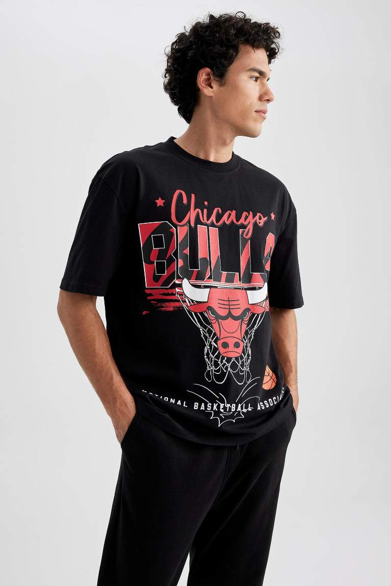 Siyah Erkek Defactofit Nba Chicago Bulls Oversize Fit Bisiklet Yaka