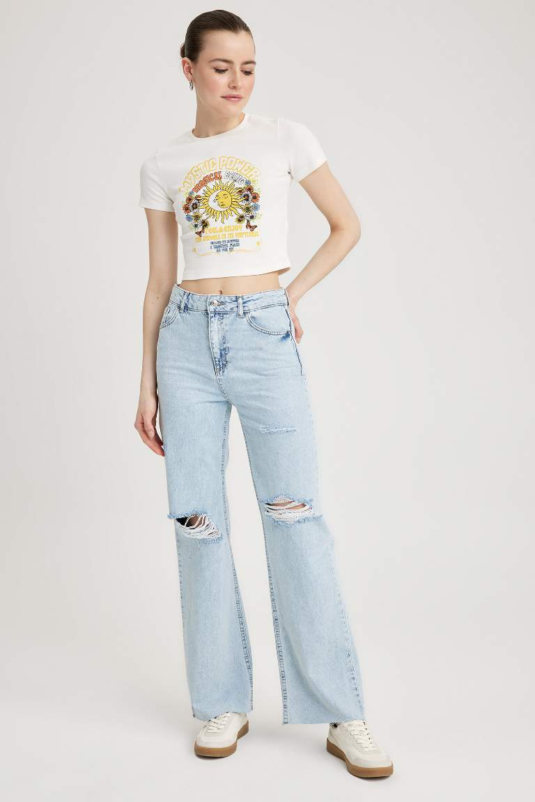 Blue Woman S Wide Leg Ripped Detailed Cropped Cut Length Jeans