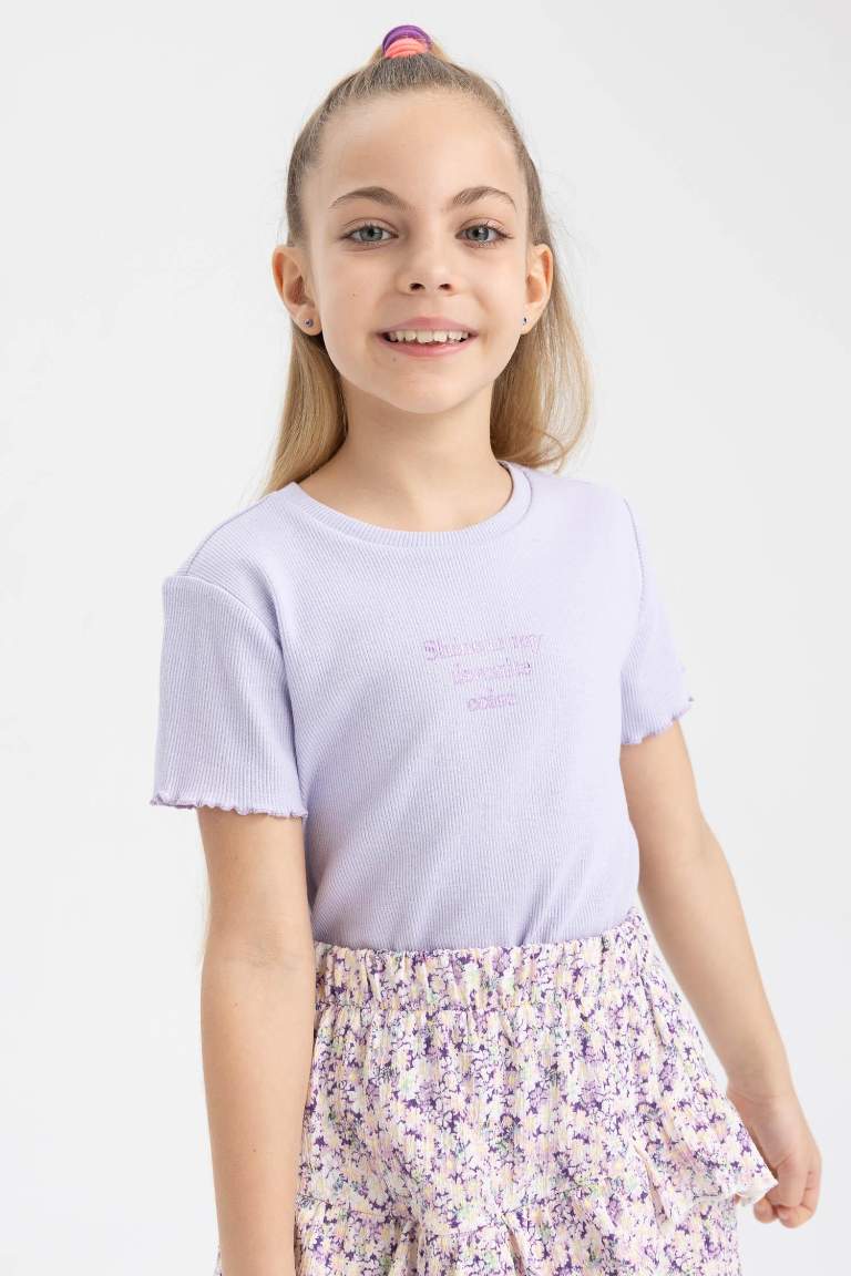 Kız Çocuk Slim Fit Ribana Kısa Kollu Tişört