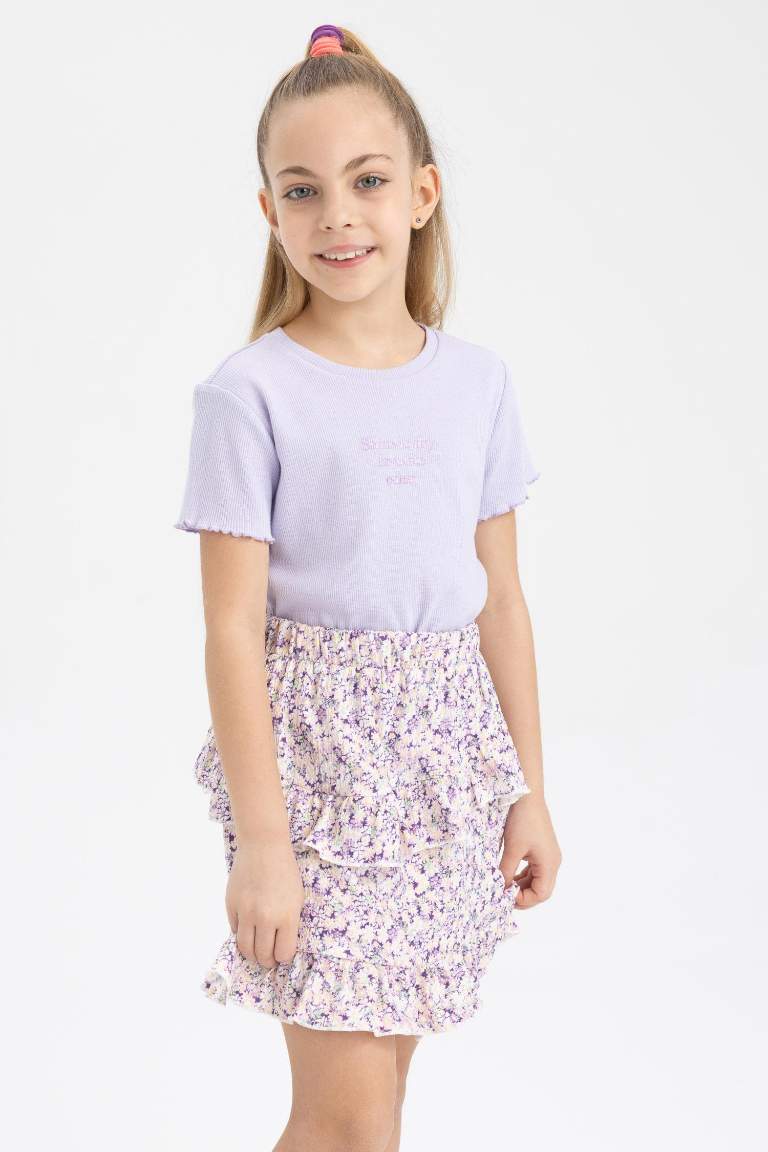 Kız Çocuk Slim Fit Ribana Kısa Kollu Tişört