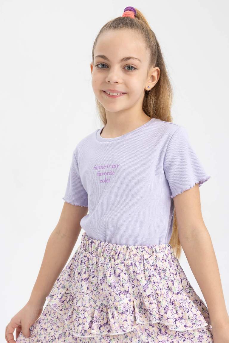 Kız Çocuk Slim Fit Ribana Kısa Kollu Tişört