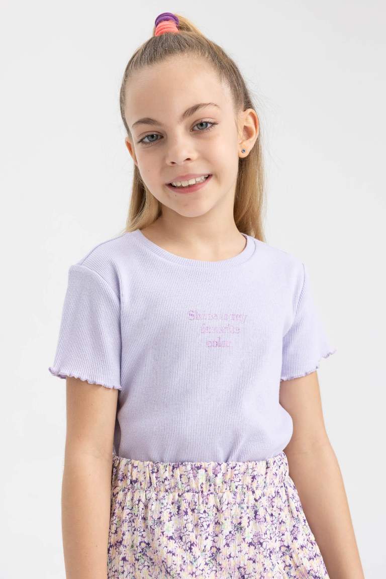Kız Çocuk Slim Fit Ribana Kısa Kollu Tişört