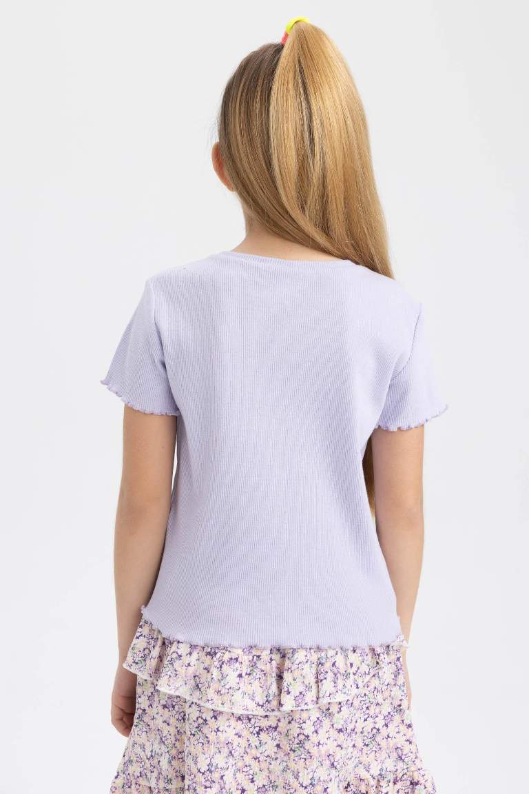 Kız Çocuk Slim Fit Ribana Kısa Kollu Tişört