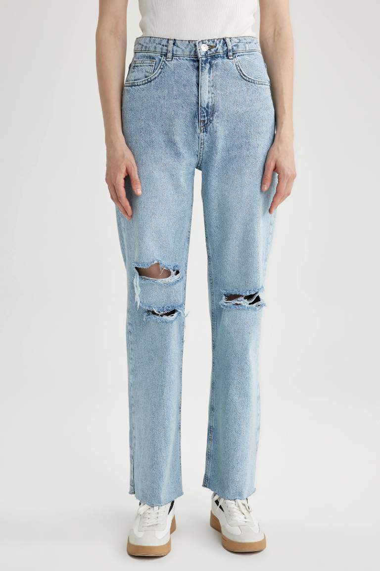 90's Wide Leg Yüksek Bel Geniş Paça Yırtık Detaylı Uzun Jean Pantolon