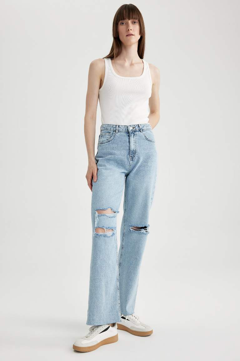 90's Wide Leg Yüksek Bel Geniş Paça Yırtık Detaylı Uzun Jean Pantolon