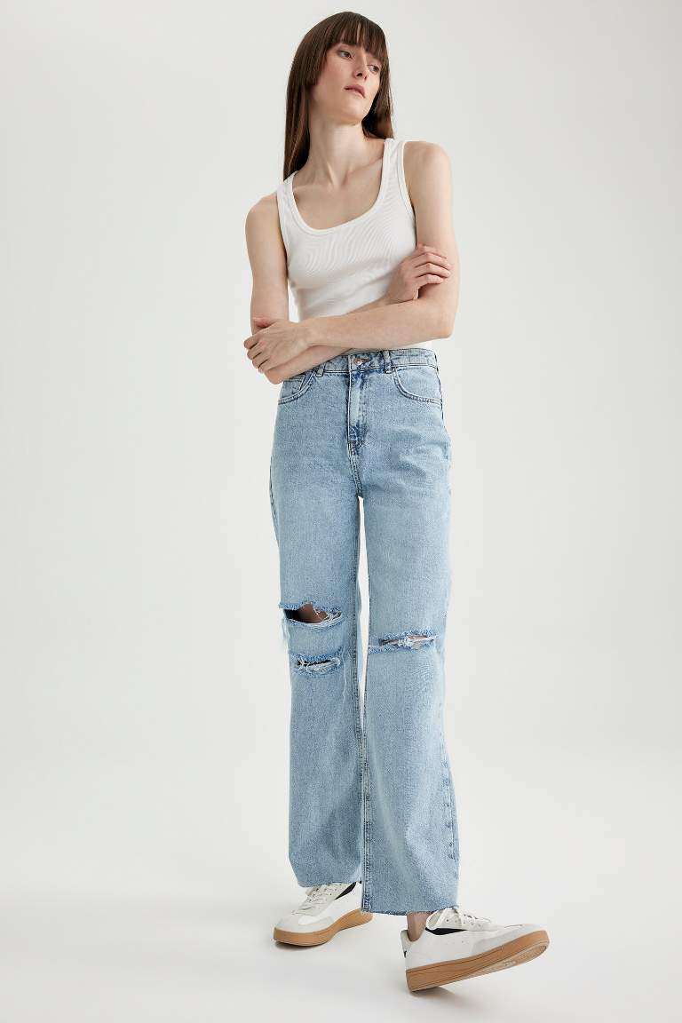 90's Wide Leg Yüksek Bel Geniş Paça Yırtık Detaylı Uzun Jean Pantolon