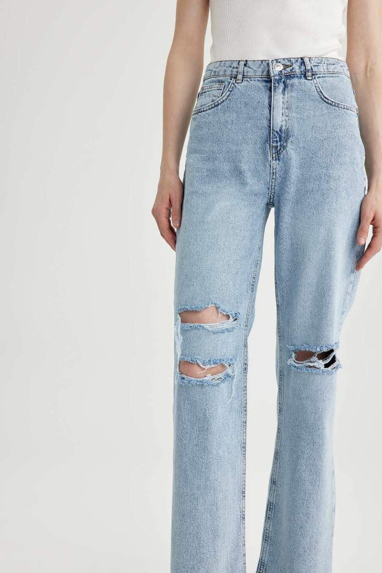 90's Wide Leg Yüksek Bel Geniş Paça Yırtık Detaylı Uzun Jean Pantolon