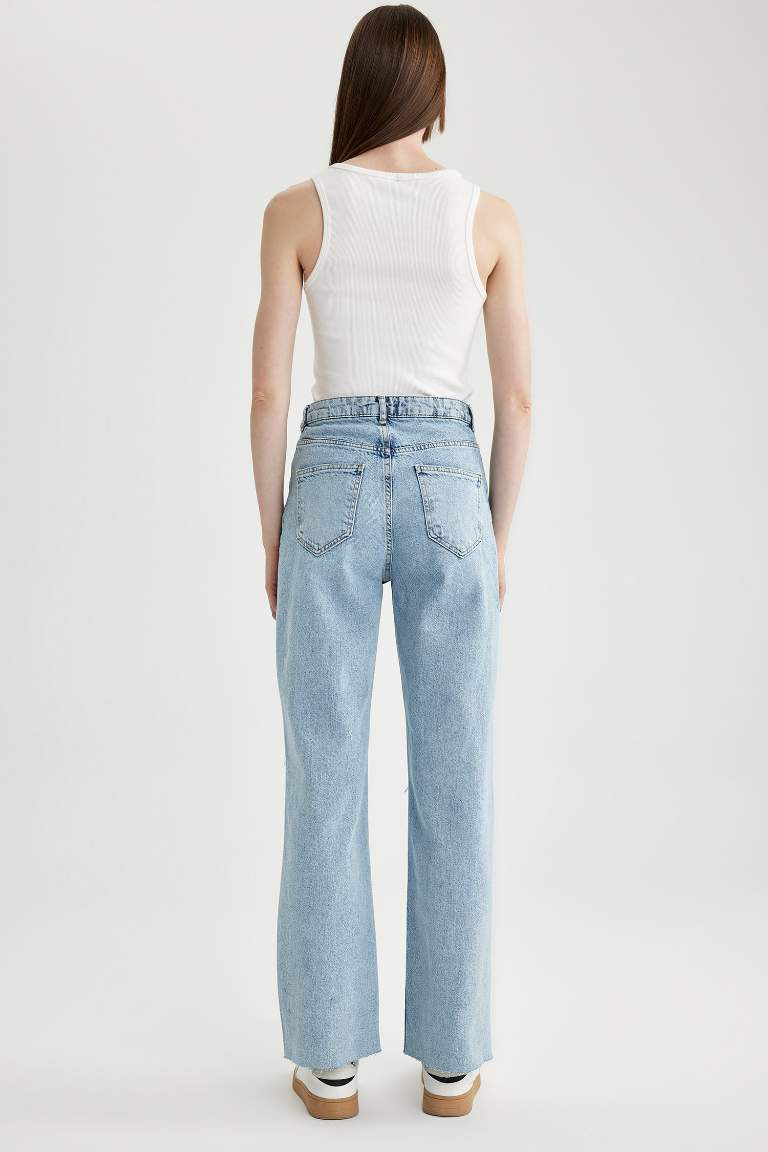 90's Wide Leg Yüksek Bel Geniş Paça Yırtık Detaylı Uzun Jean Pantolon