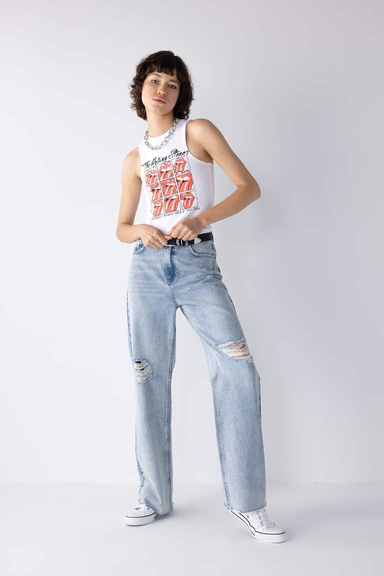 90's Wide Leg Yüksek Bel Geniş Paça Yırtık Detaylı Uzun Jean Pantolon
