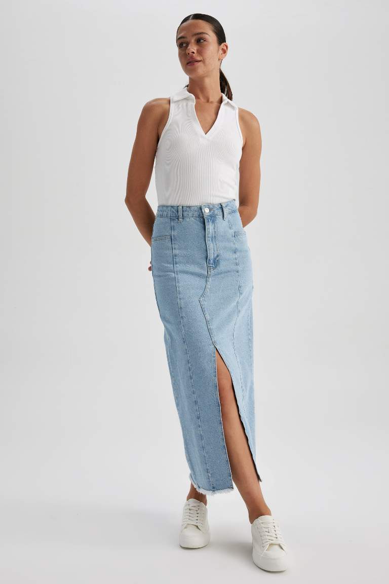 Fashion Fit Yırtmaçlı Maxi Jean Etek