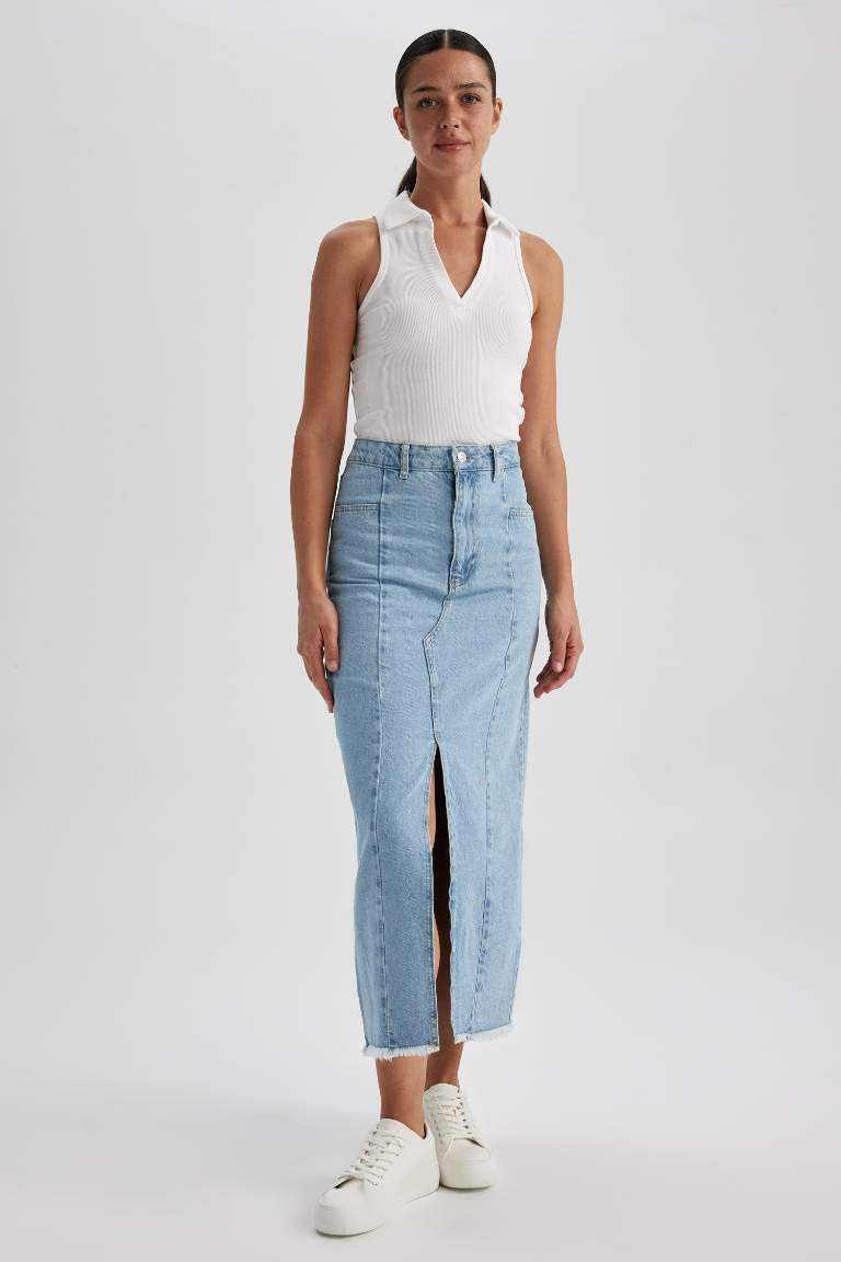 Fashion Fit Yırtmaçlı Maxi Jean Etek