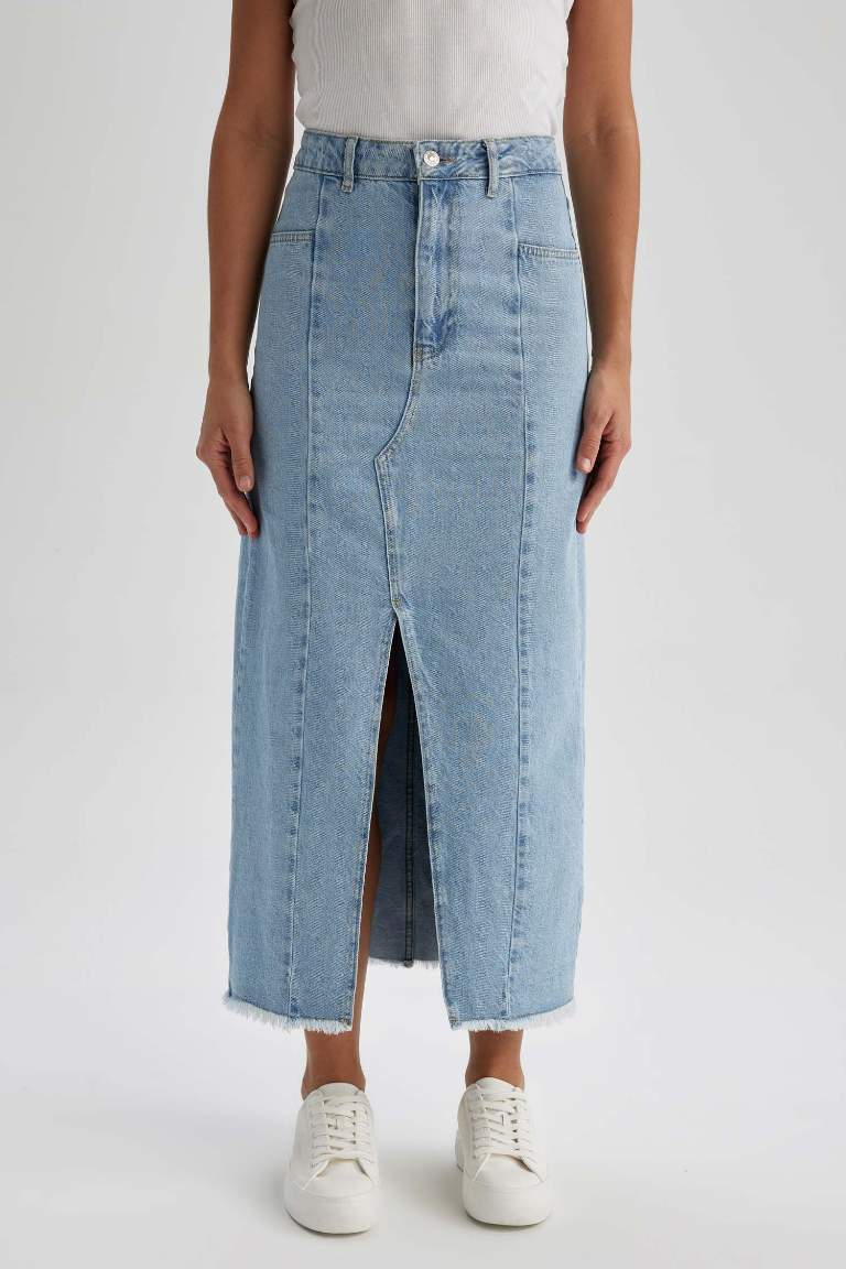 Fashion Fit Yırtmaçlı Maxi Jean Etek
