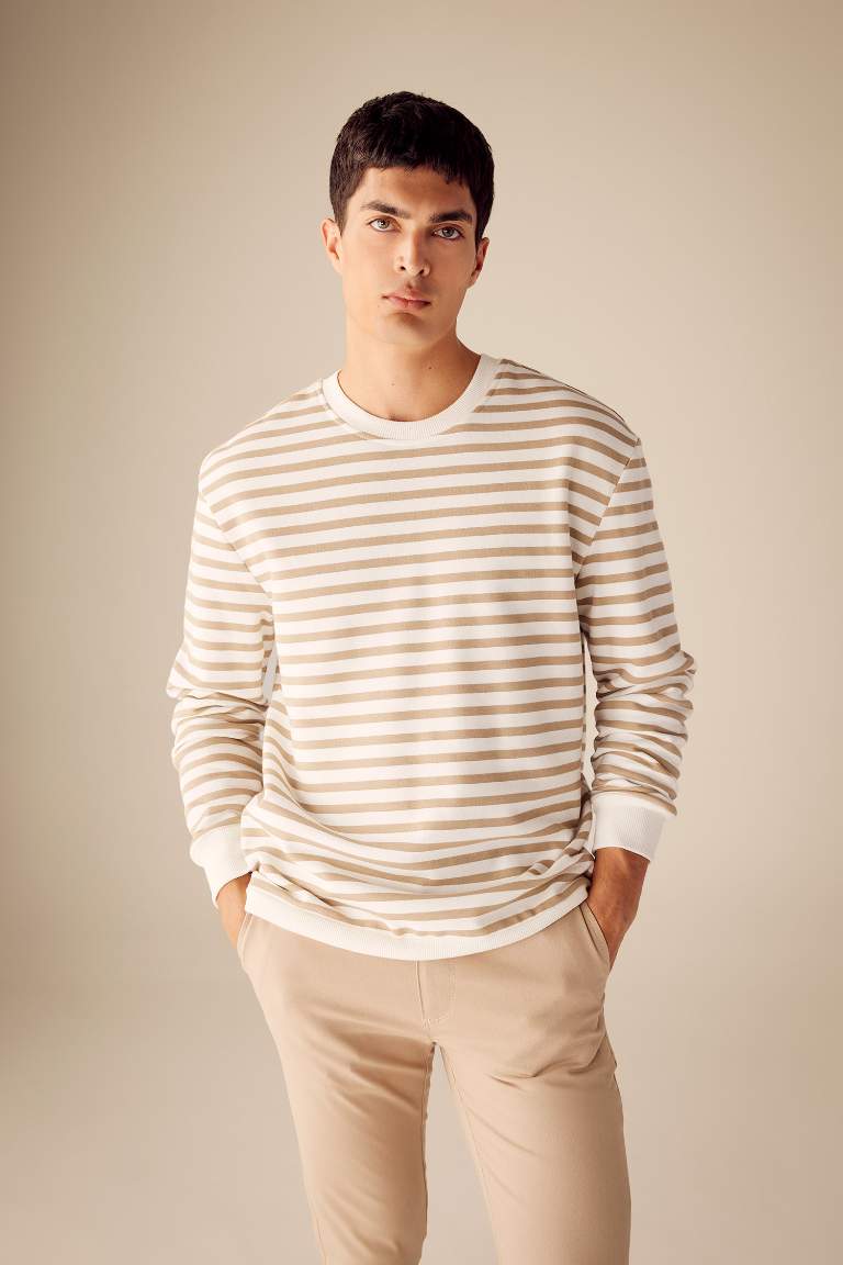 Comfort Fit Bisiklet Yaka Çizgili Sweatshirt