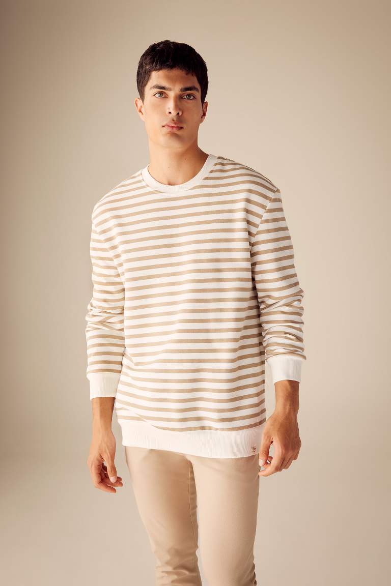 Comfort Fit Bisiklet Yaka Çizgili Sweatshirt
