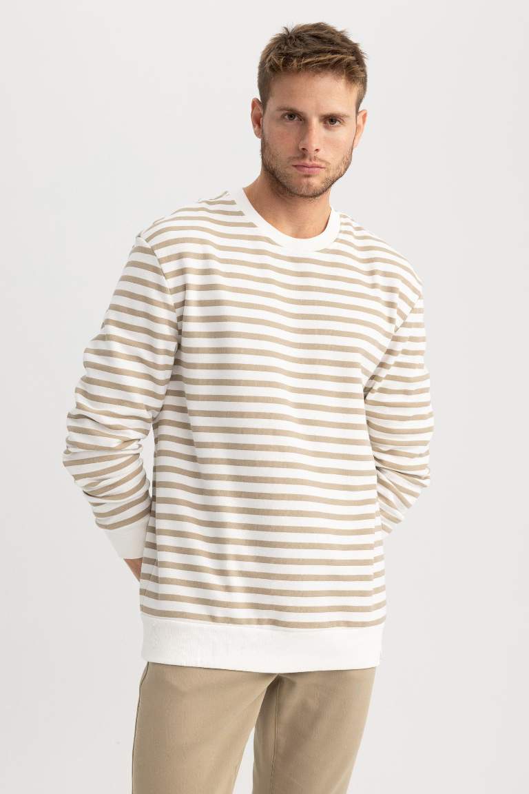 Comfort Fit Bisiklet Yaka Çizgili Sweatshirt