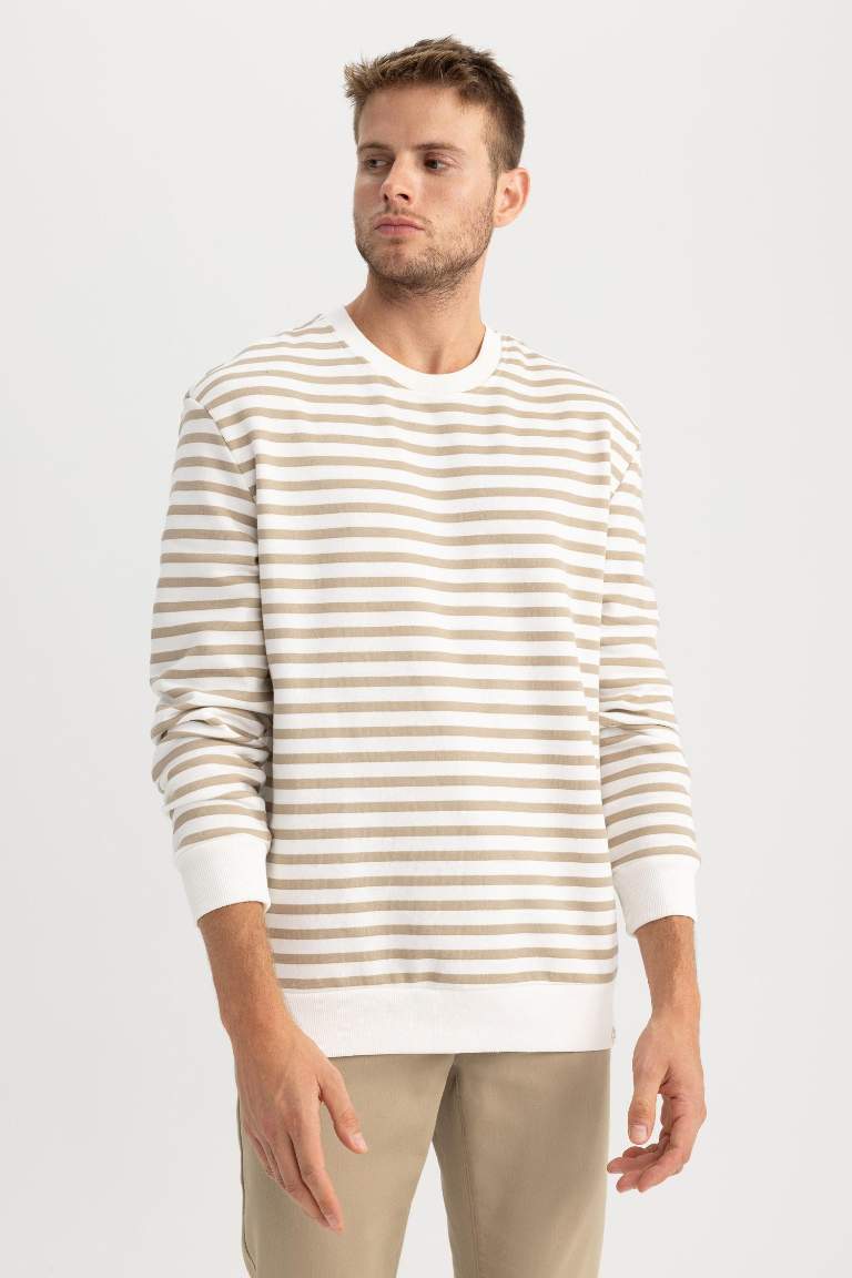Comfort Fit Bisiklet Yaka Çizgili Sweatshirt