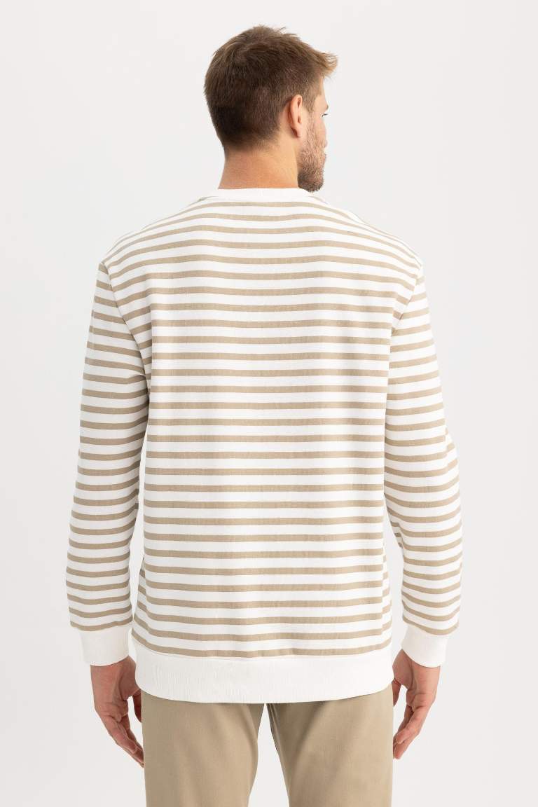 Comfort Fit Bisiklet Yaka Çizgili Sweatshirt