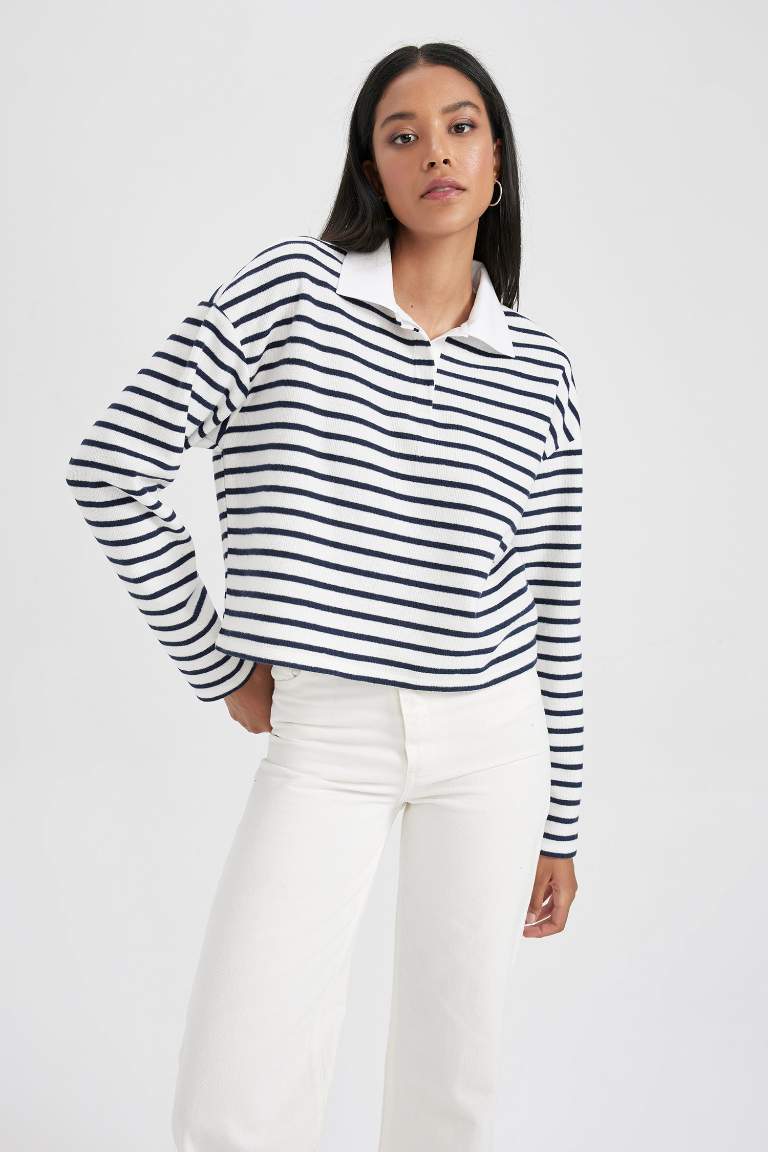 Regular Fit Çizgili Polo Yaka Sweatshirt