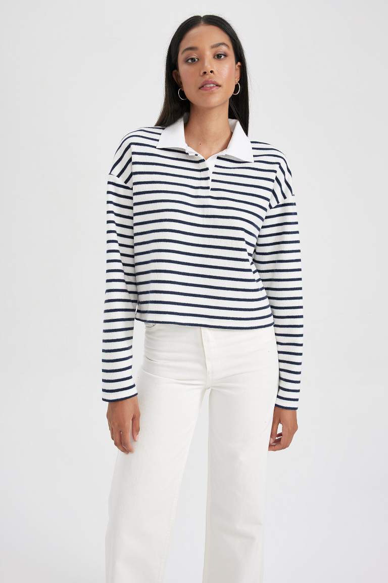Regular Fit Çizgili Polo Yaka Sweatshirt