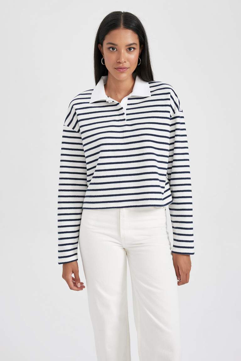 Regular Fit Çizgili Polo Yaka Sweatshirt